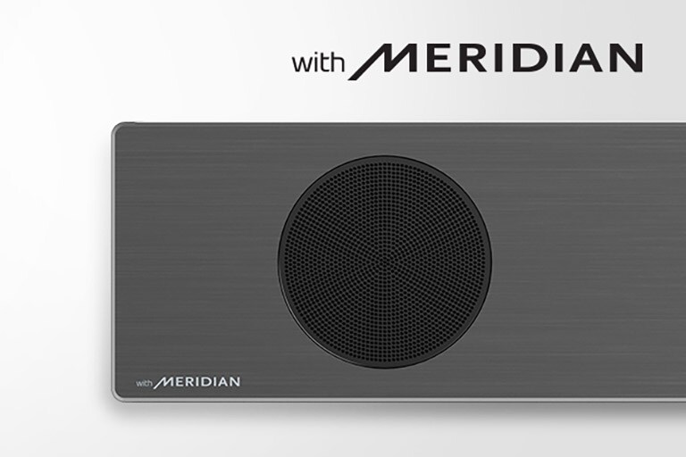 Close-up of LG Soundbar left side with Meridian logo on the bottom left corner. Larger Meridian logo shown above the product.