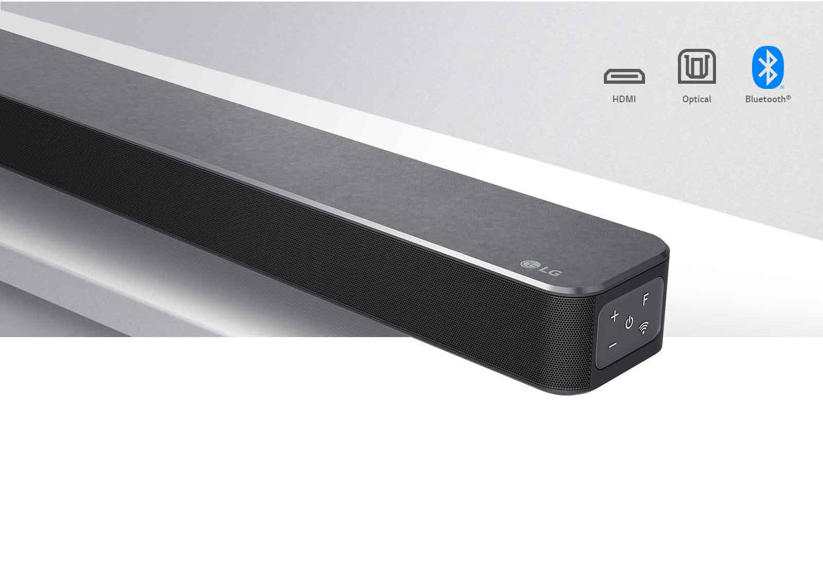 Close-up LG Soundbar right side with LG logo on the bottom right corner. Connectivity icons shown above the product.