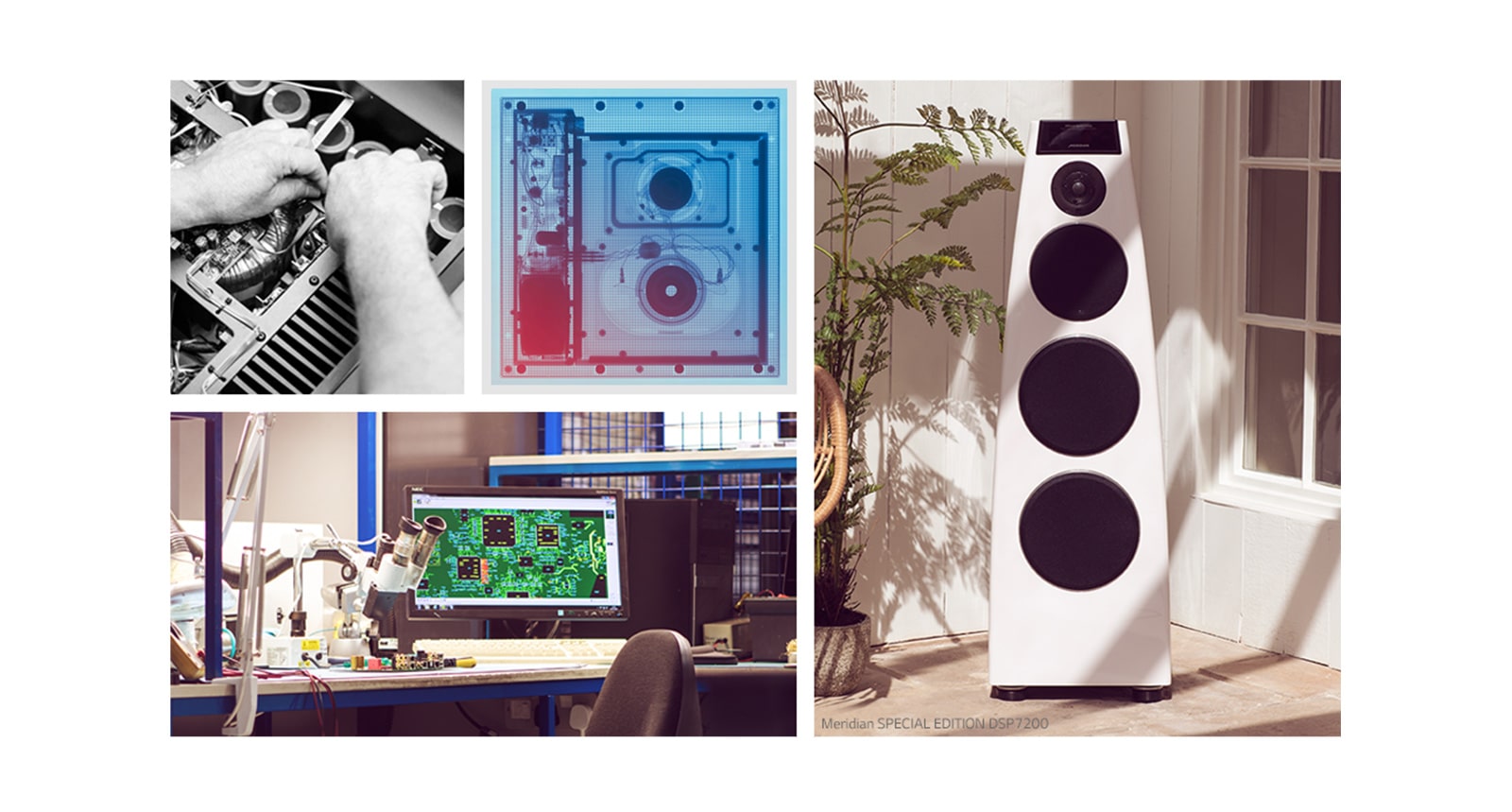 Collage. Clockwise from top-left: two images of Meridian internal hardware, a white Meridian speaker, and a Meridian R&D desk.