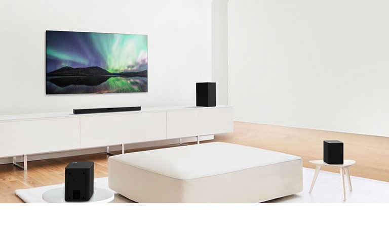 Video preview showing LG Soundbar in a white living room with 4.1 channel setup.