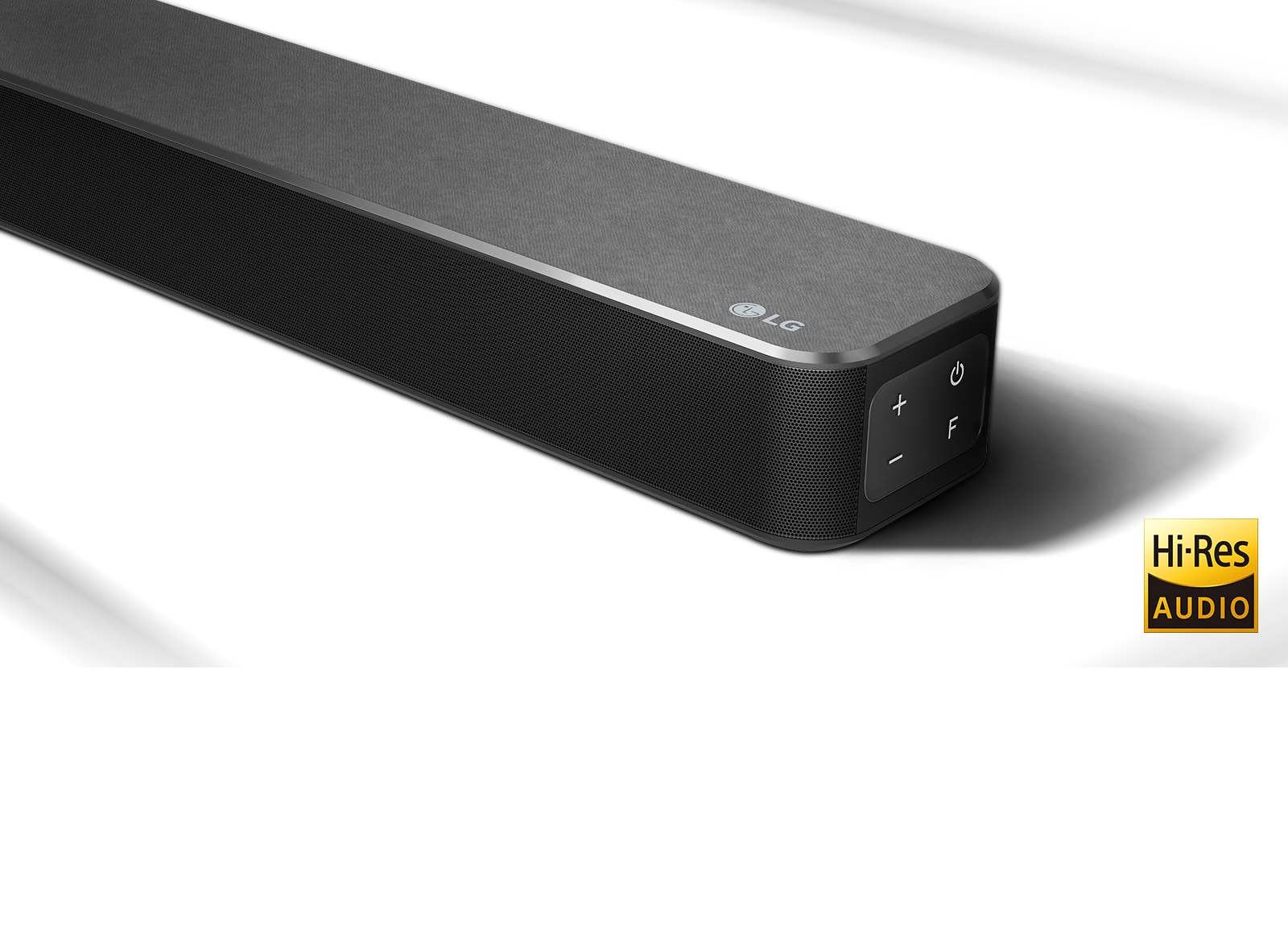 Close-up right side of LG Soundbar with LG logo shown on the bottom right corner. Hi-Res logo is shown below the product.
