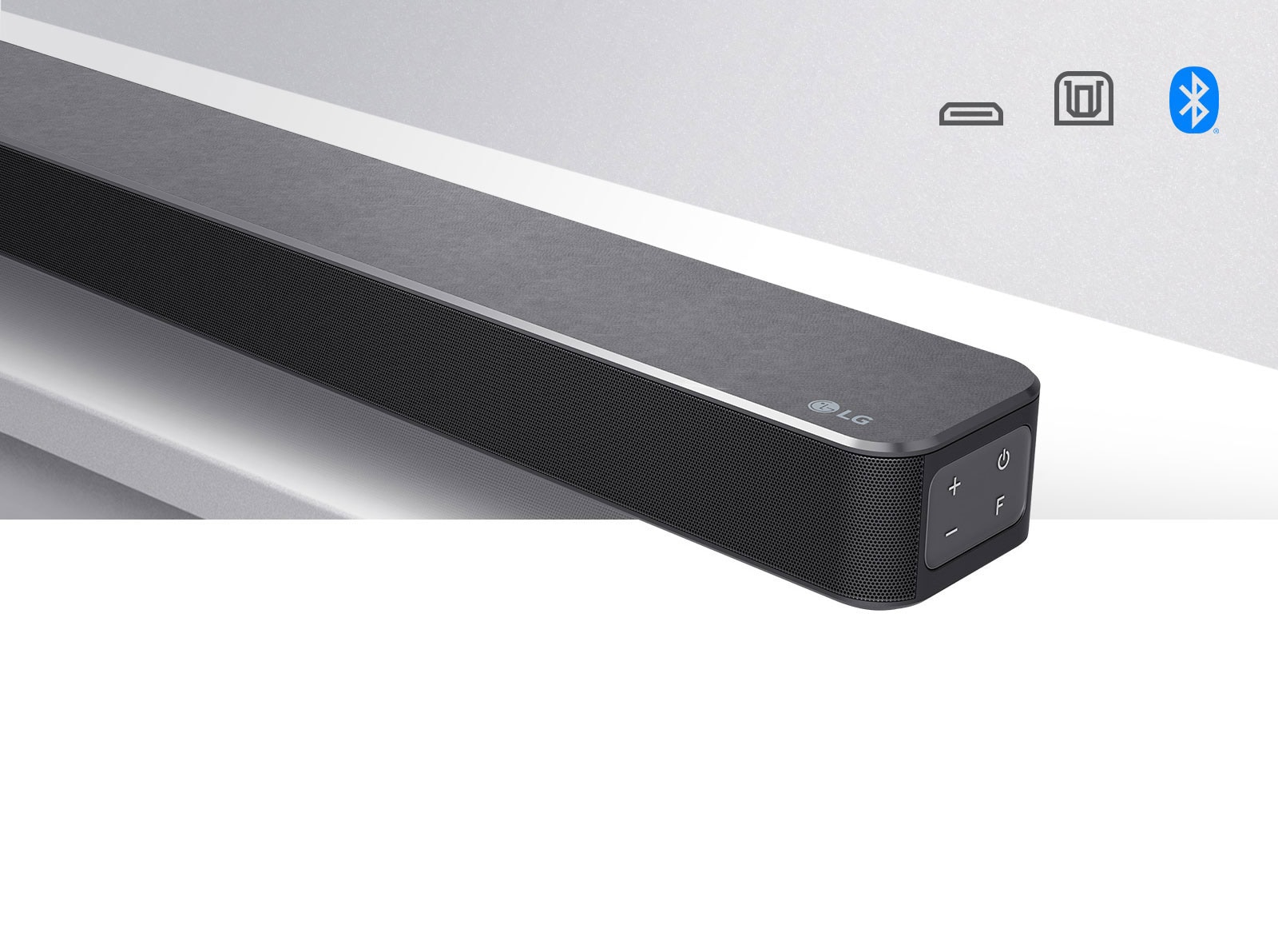 Close-up LG Soundbar right side with LG logo on the bottom right corner. Connectivity icons shown above the product.