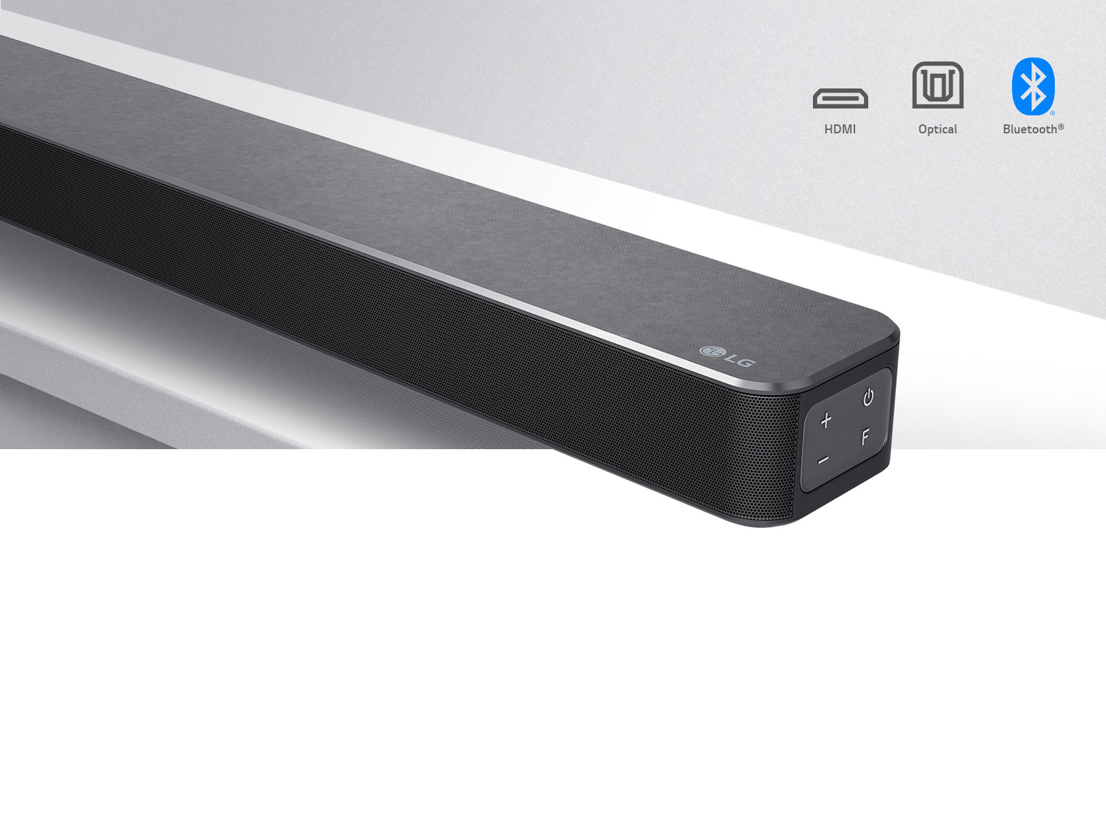 Close-up LG Soundbar right side with LG logo on the bottom right corner. Connectivity icons shown above the product.