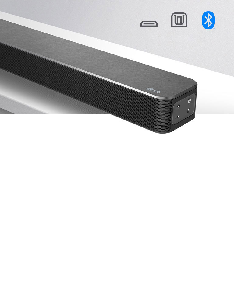Close-up LG Soundbar right side with LG logo on the bottom right corner. Connectivity icons shown above the product.