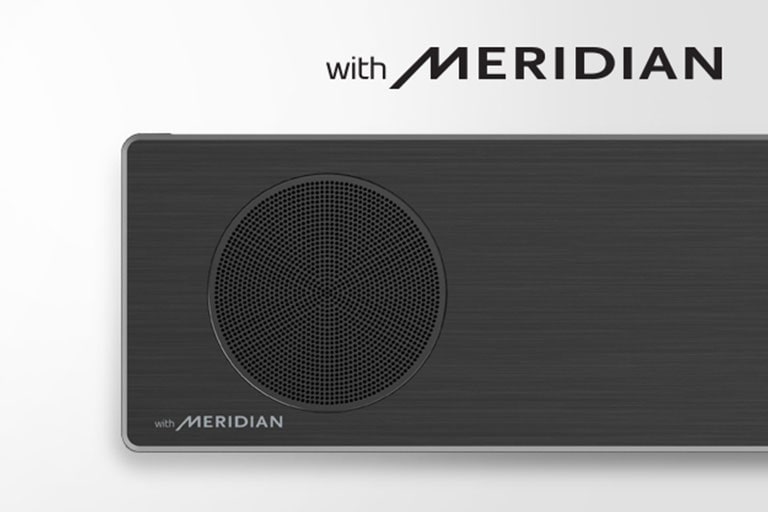 Close-up of LG Soundbar left side with Meridian logo on the bottom left corner. Larger Meridian logo shown above the product.