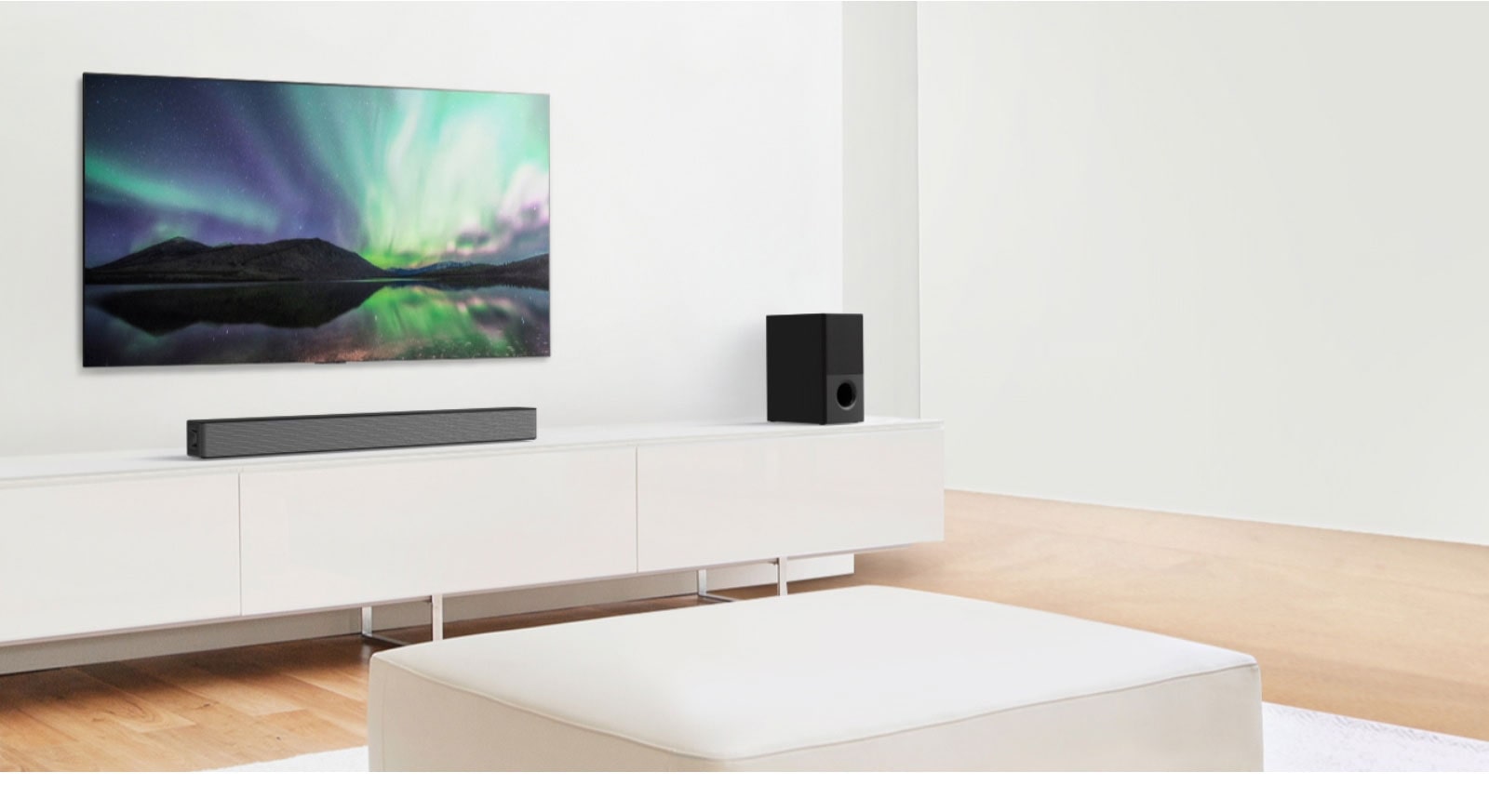 Video preview showing LG Soundbar in a white living room with 4.1 channel setup.