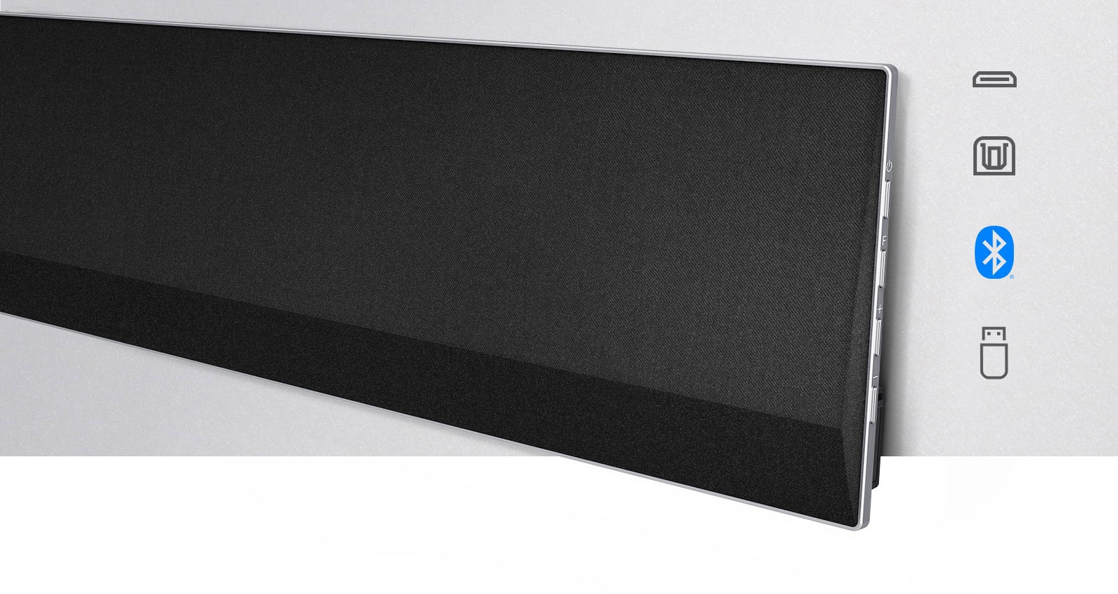 Krožni posnetek desne strani LG Soundbar.  Ikone povezljivosti so prikazane na desni strani izdelka.