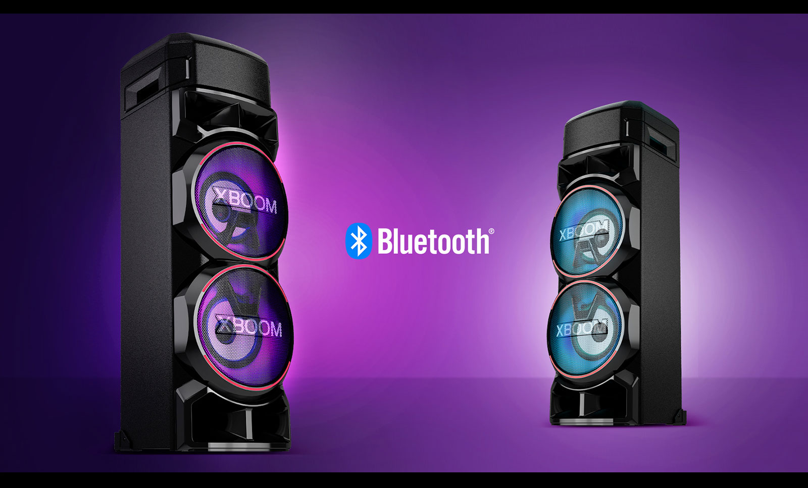 Two LG XBOOMs facing each other at diagonal angles against a purple background with a Bluetooth logo in between.