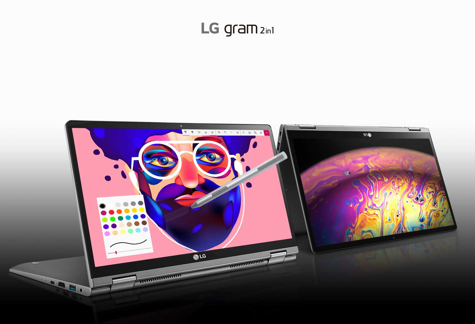 Image of two grams, one with pen and with colorful graphics on the screen
