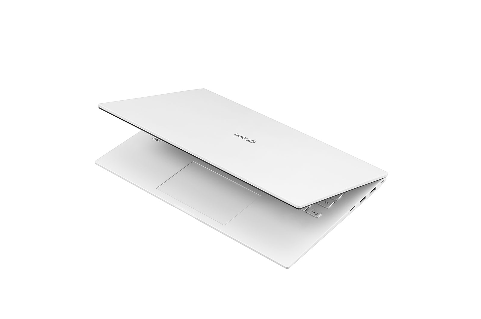 LG gram 14&rdquo; Lightweight Laptop, Intel&reg; 11th Gen Core&reg; i3 Evo&trade; Platform, 8GB RAM, 256GB SSD, White, +30 degree rear view and cover half open, 14Z90P-K.ARW3U1