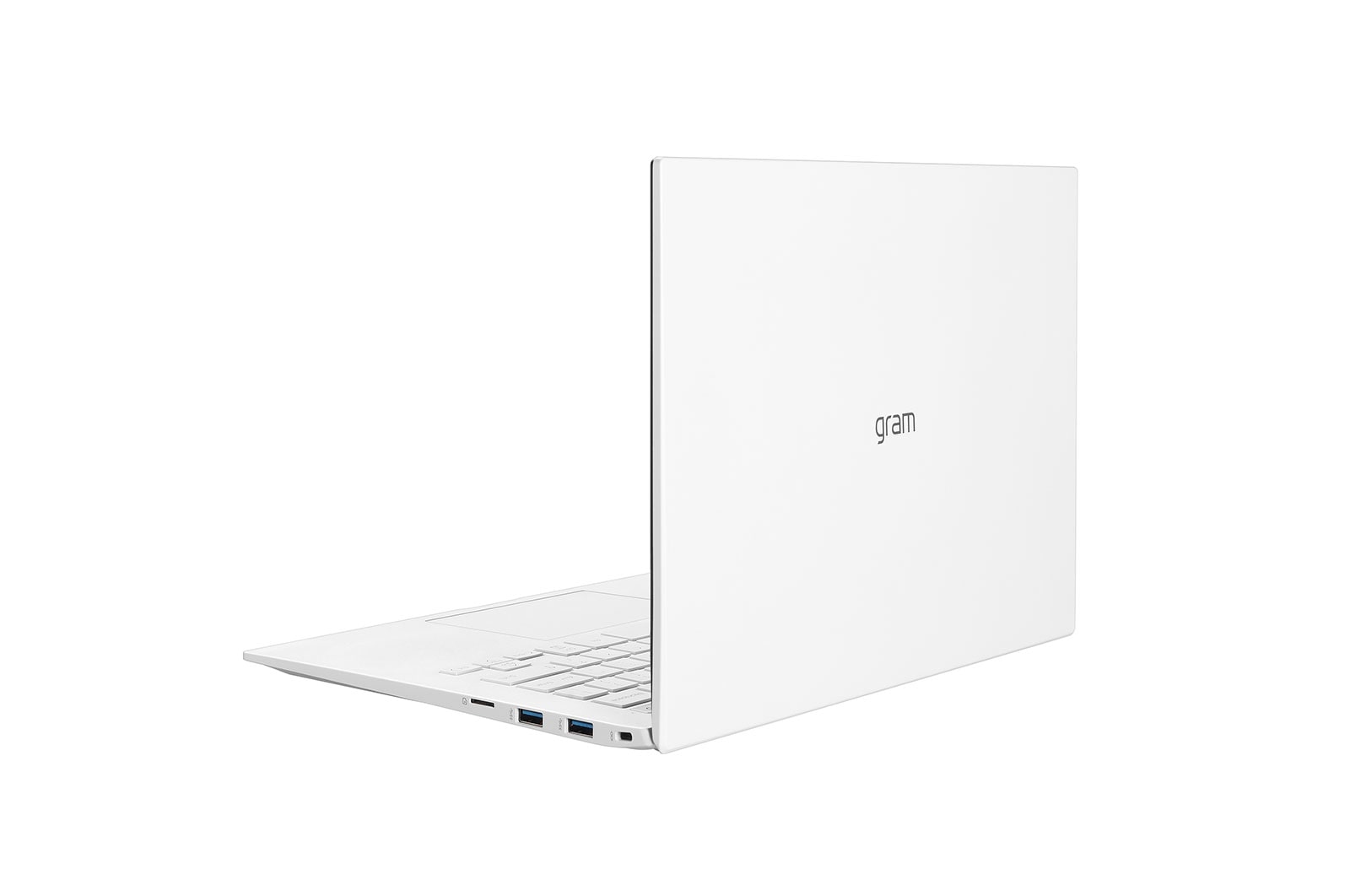 LG gram 14&rdquo; Lightweight Laptop, Intel&reg; 11th Gen Core&reg; i3 Evo&trade; Platform, 8GB RAM, 256GB SSD, White, -30  degree side view and cover half open, 14Z90P-K.ARW3U1