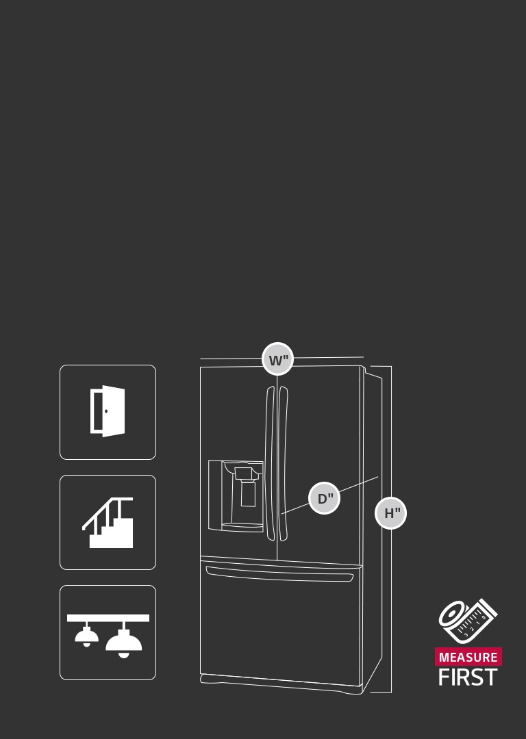 Refrigerator appliance depicting width, height and depth measurements
