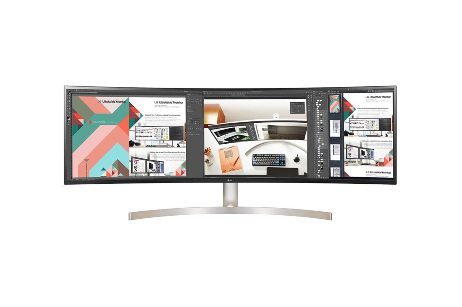 LG 49WL95C-W 49 Inch 32:9 UltraWide Dual QHD IPS Curved LED Monitor with HDR 10, front view with photoshop program, 49WL95C-W