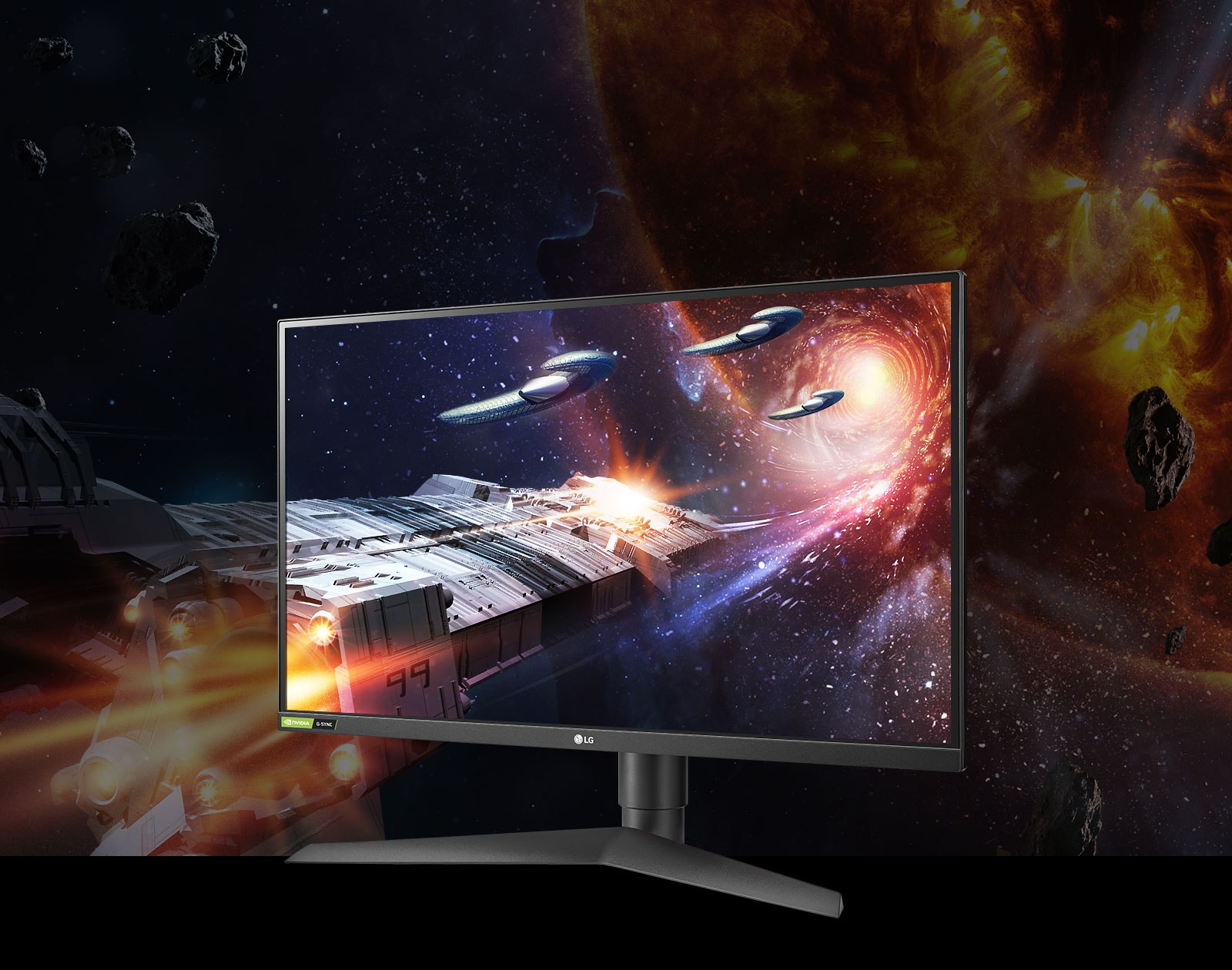 Image of 27GN750 monitor with gaming graphic on-screen demonstrating rich colors and contrast