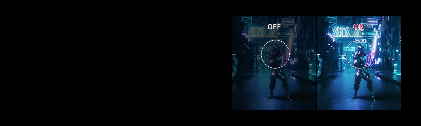 Gaming graphic demonstrating difference between black stabilizer feature on and off