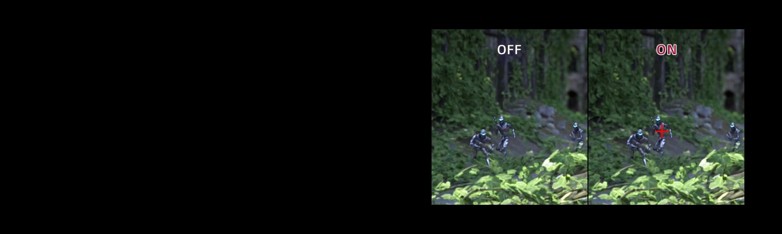 Gaming graphic demonstrating Crosshair feature on and off