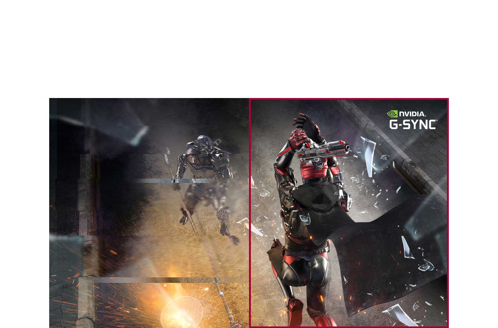 Gaming graphic demonstrating reduced screen tearing with G-SYNC feature on