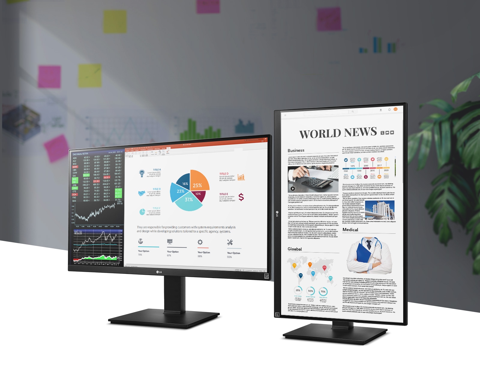 Image of two 27UK670 monitors next to each other in standard and pivot positions