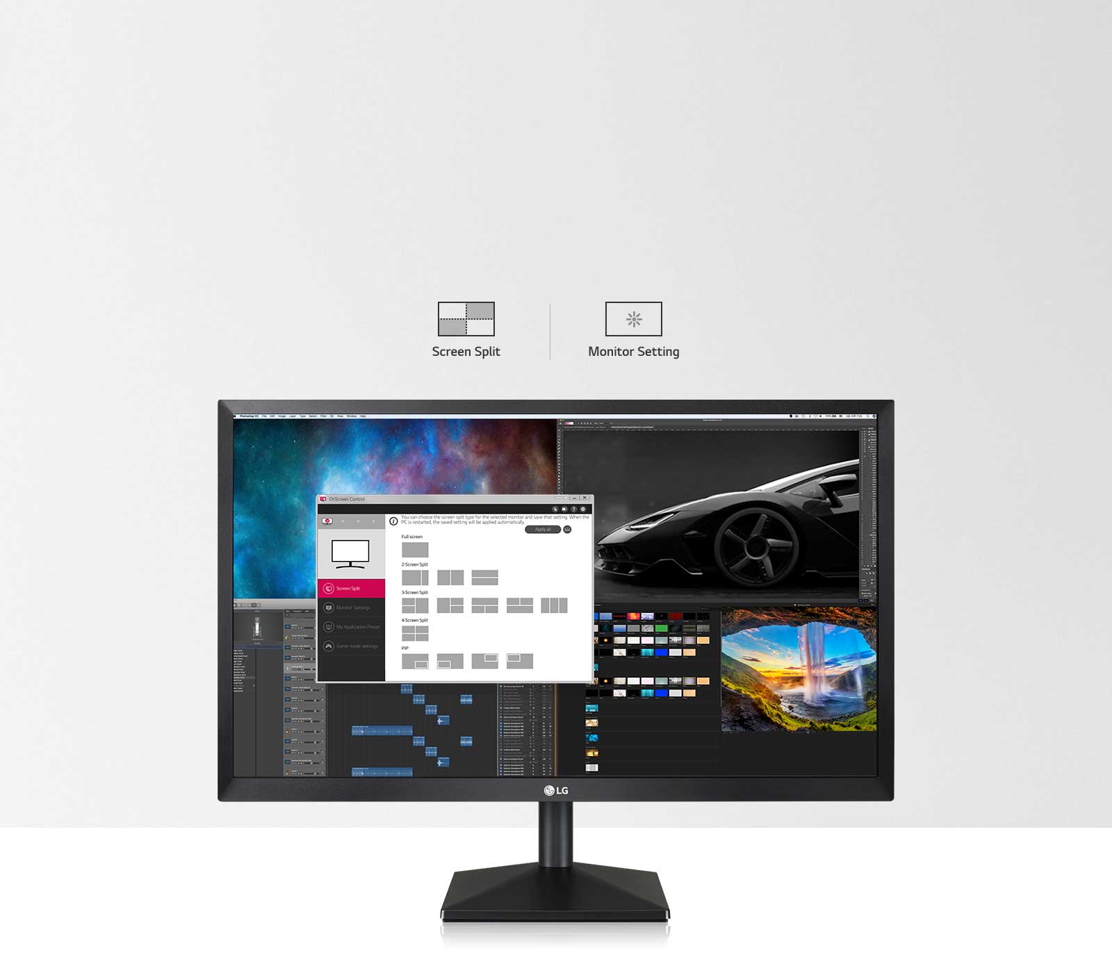 Image of 22MN430M-B monitor displaying multiple windows with key monitor setting