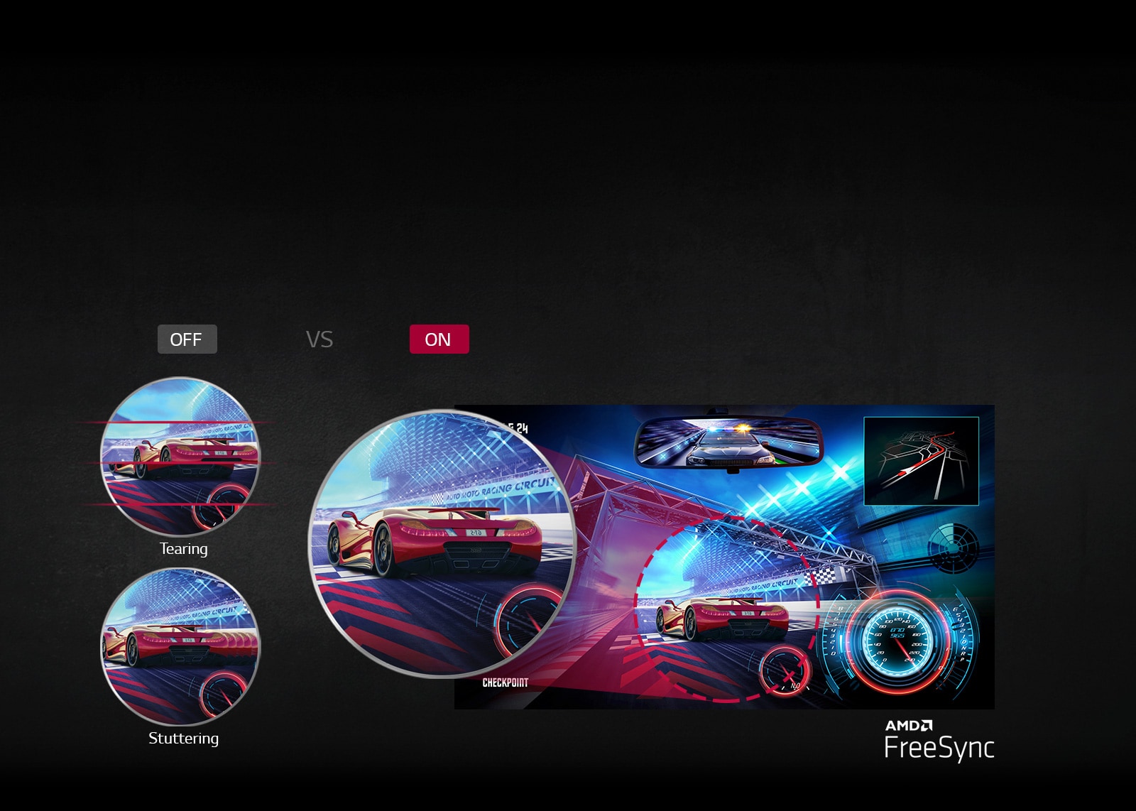 tearing and stuttering screen without FreeSync Versus clear screen with AMD FreeSync™