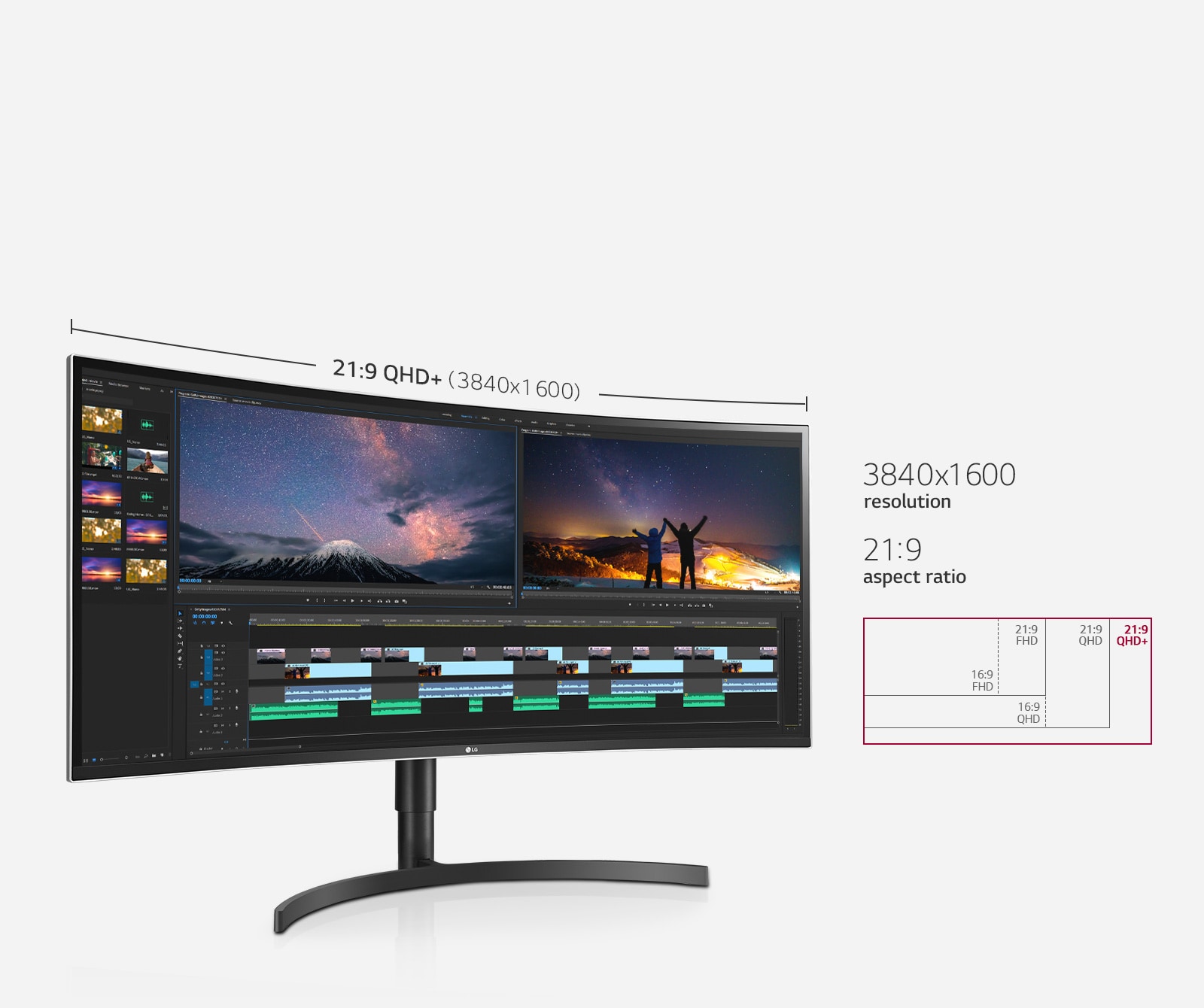 21:9 QHD+ display (3840x1600) provides 3 times wider screen of 16:9 Full HD(1920x1080).