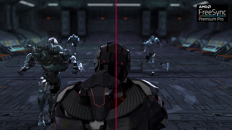 In the fast paced FPS game, the player moves around 3 opponents guarding and shooting against, and the screen tearing and stuttering appear during the opponent's fast movement with AMD FreeSync Premium Pro mode off, comparing to another scene in the seamless motion with AMD  FreeSync Premium Pro mode on.