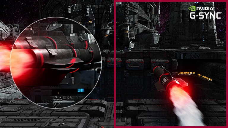 A spinning missile flies to the targets at great speed in a FPS game, and the fast spinning movement of the missile captured by zooming to the larger view goes smoothly with G-sync mode on in comparison to another scene with G-sync mode off. 