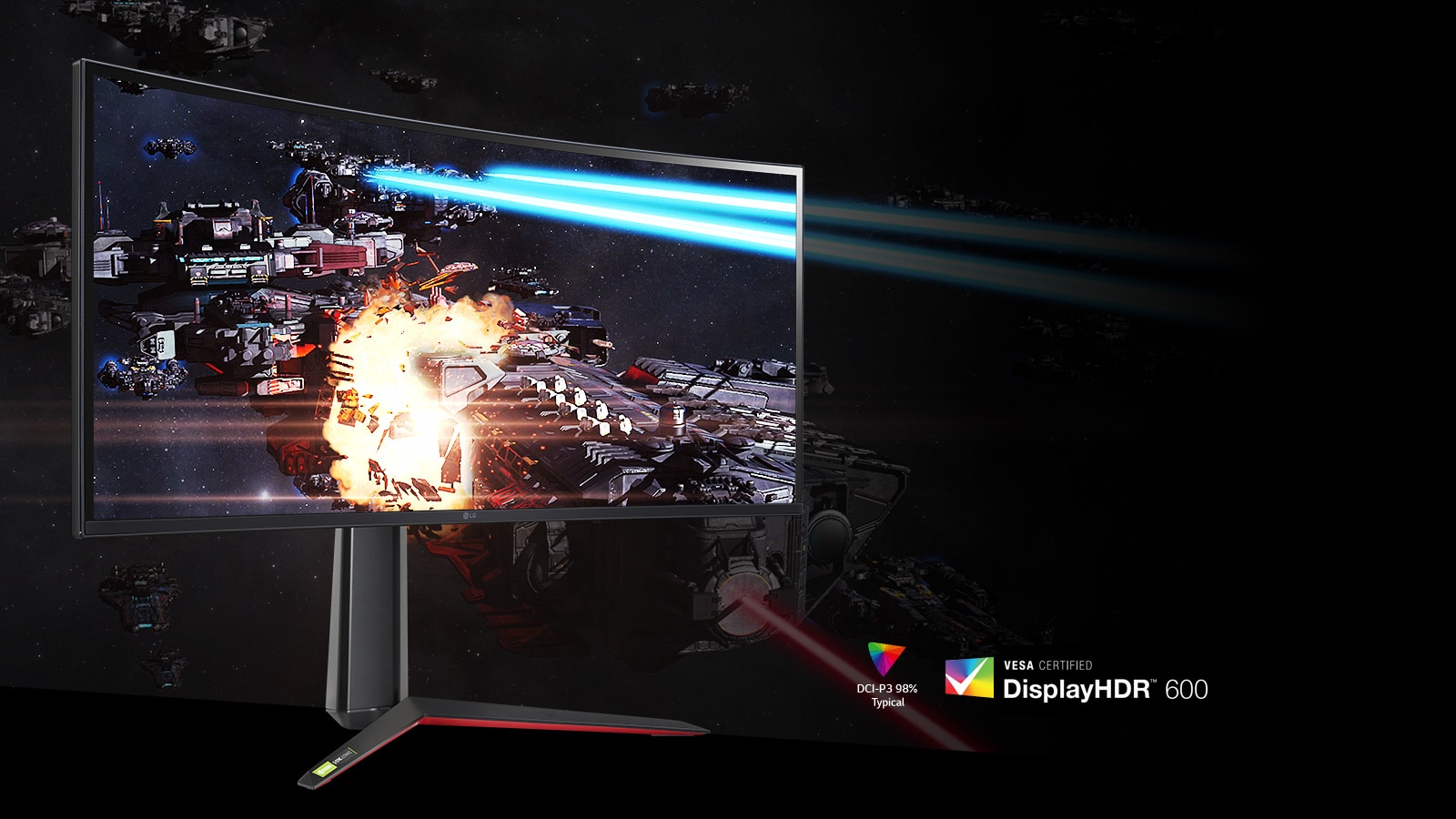 LG UltraGear curved gaming monitor displaying gaming scene in rich colors and contrast with VESA Display HDR600.