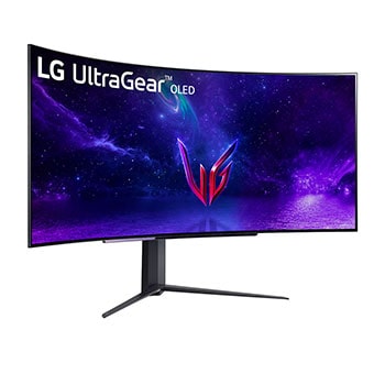 The 45'' UltraGear™ OLED Curved Gaming Monitor on stand rotated counterclockwise to demonstrate the clarity of the 21:9 gaming monitor at different angles.1