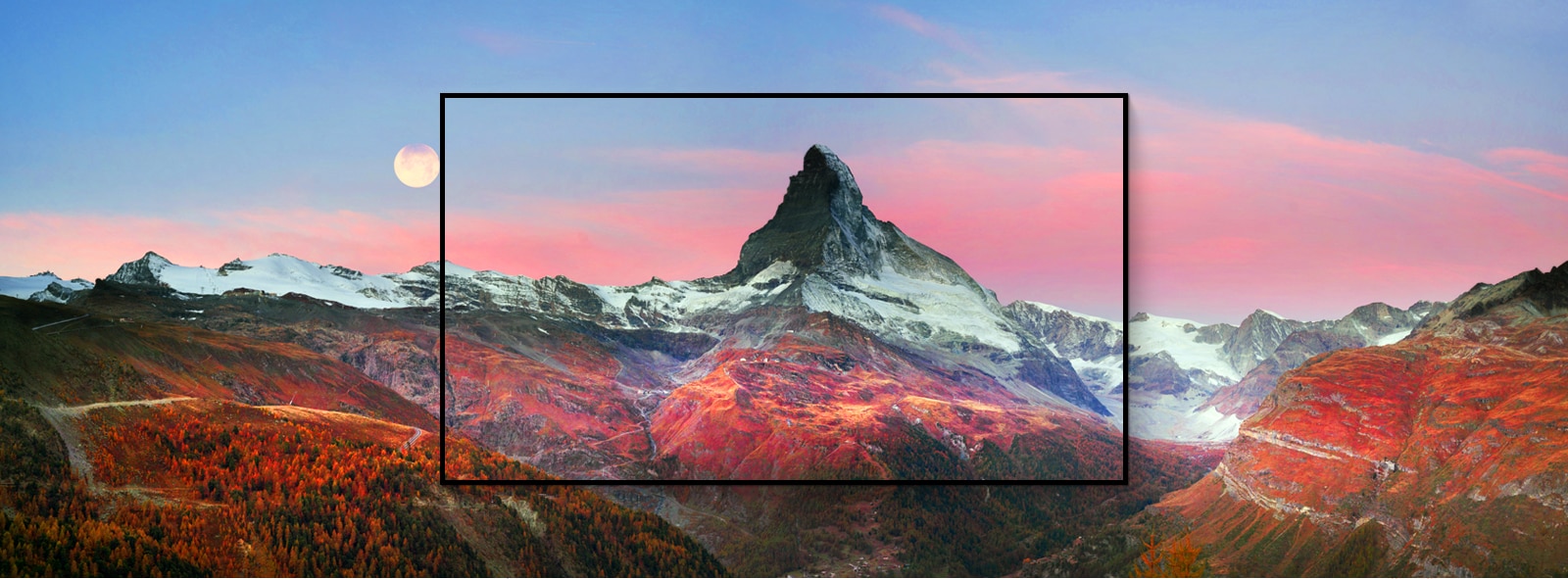 LG OLED evo frame capturing the scenery of a magnificent mountain