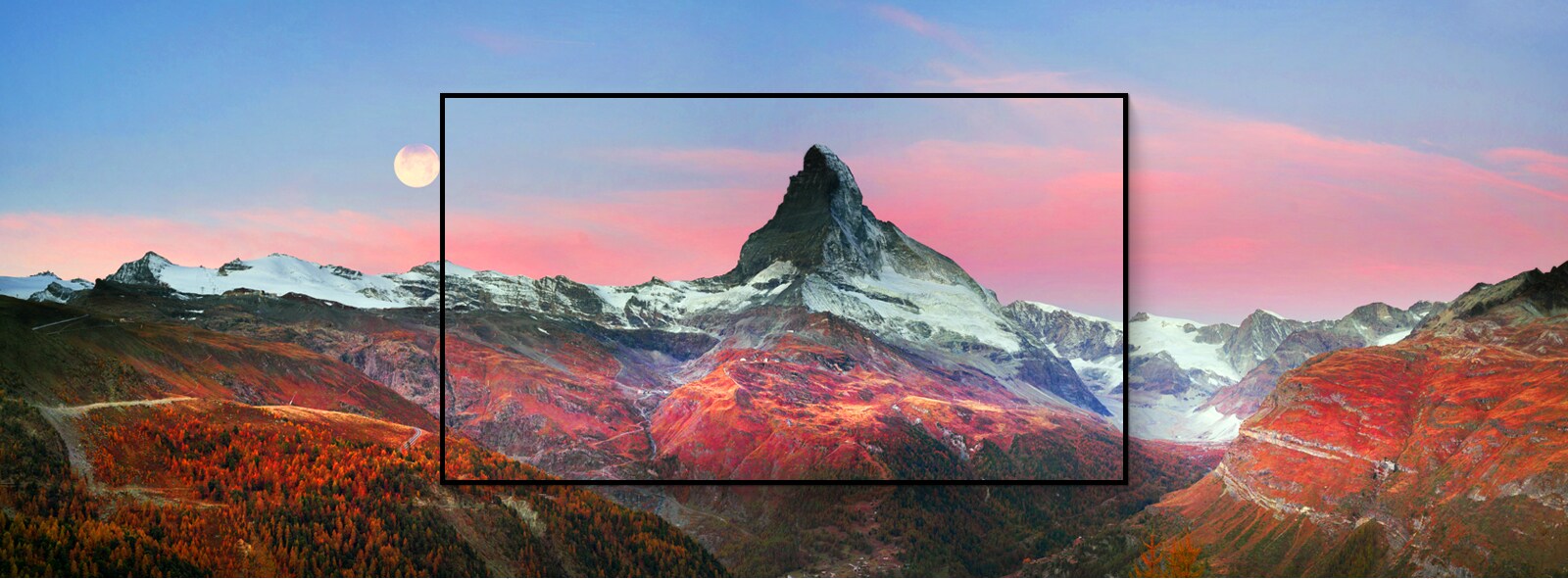 LG OLED evo frame capturing the scenery of a magnificent mountain