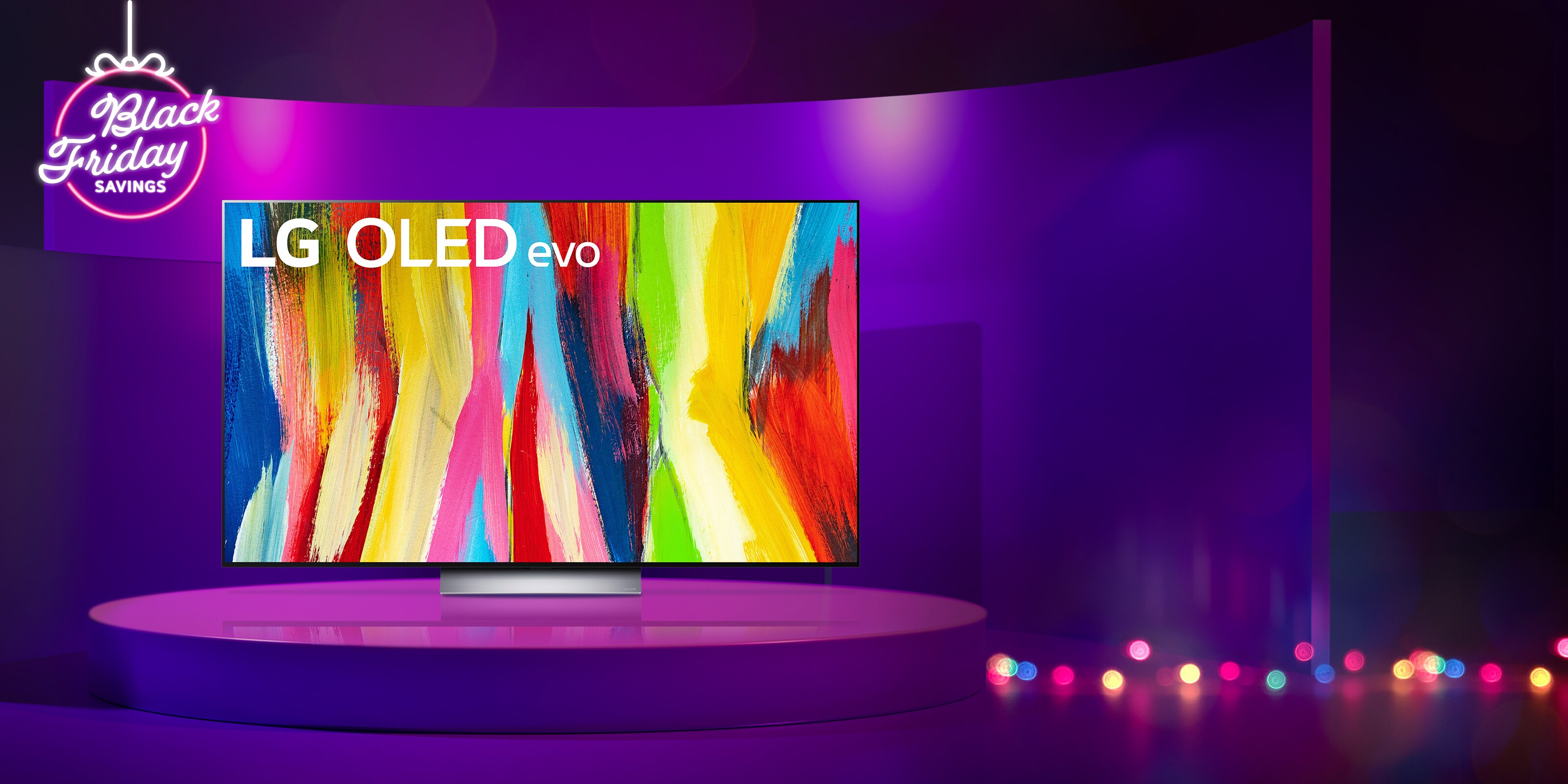 LG OLED TV infill in a purple Make the Season Bright neon sign