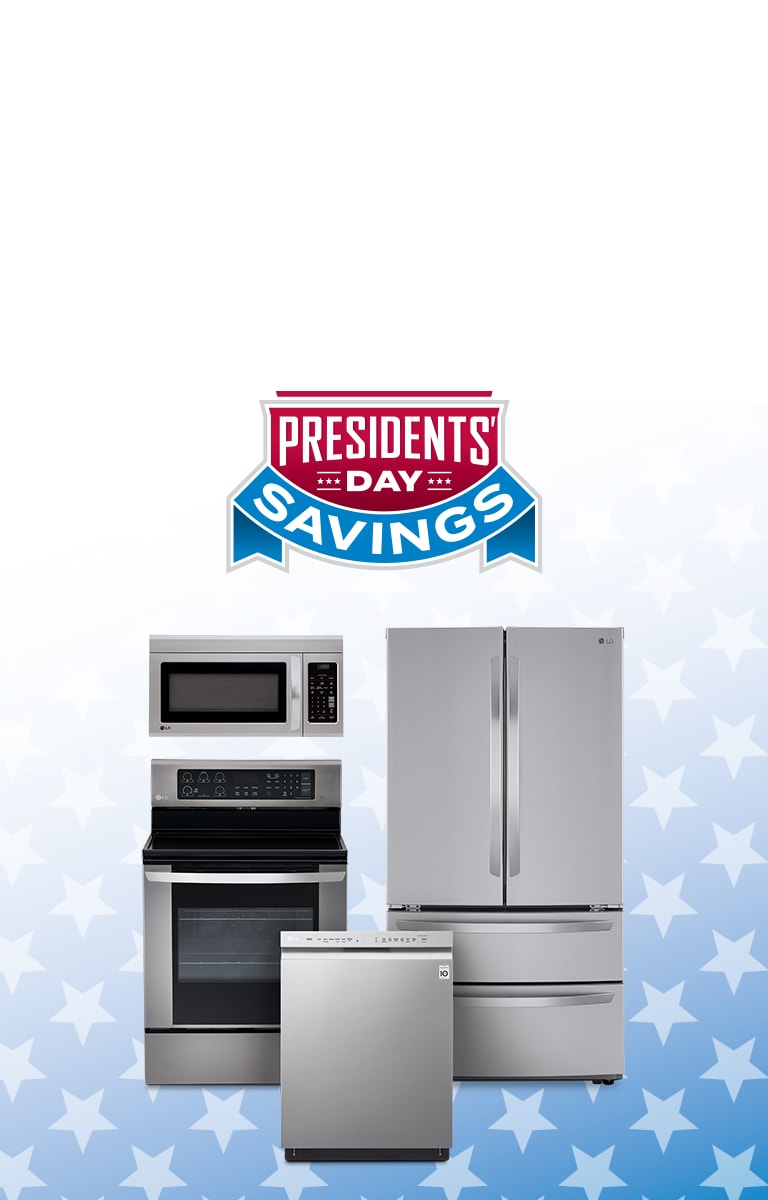 LG Kitchen Appliance Bundle on faded blue background with stars