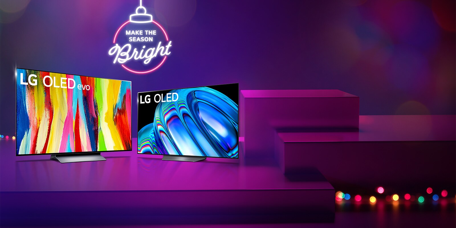 LG OLED TVs on Purple Holiday Graphics