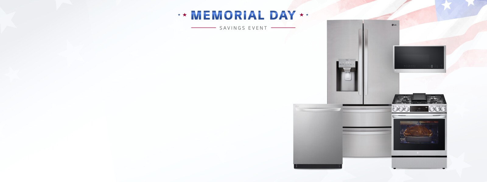 Memorial Day Savings LG applioance showcase on white background