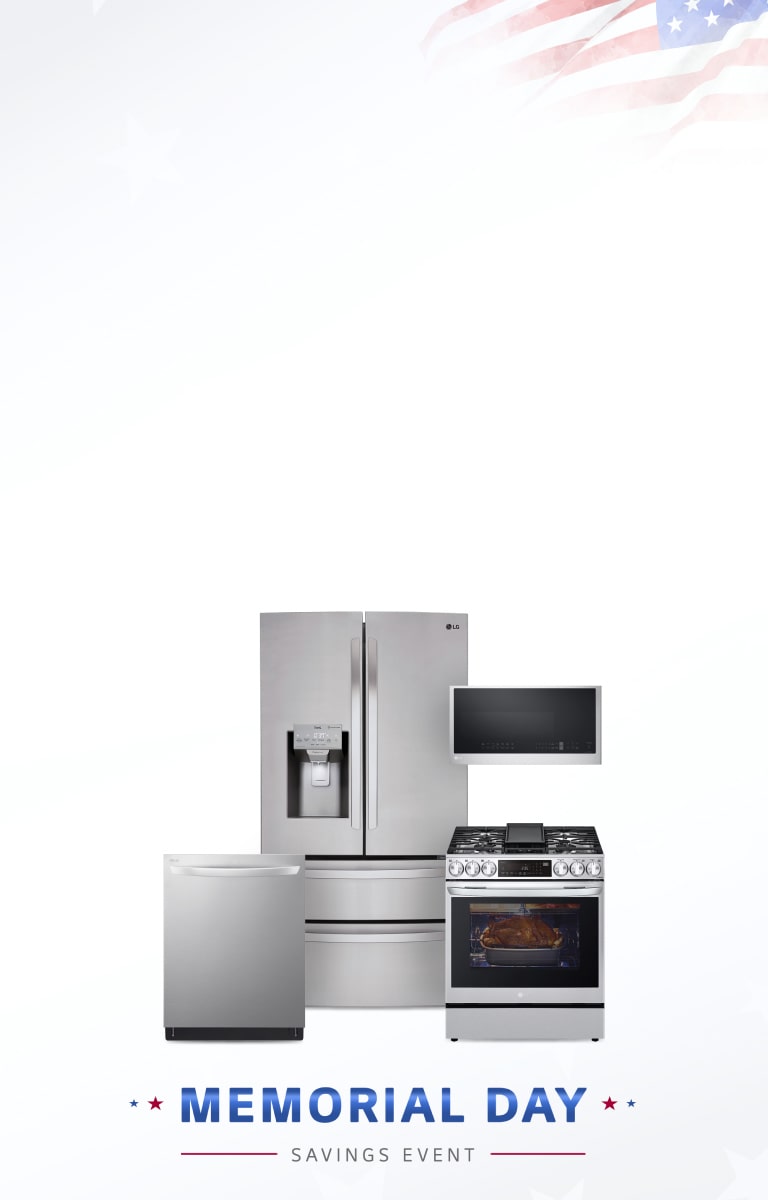 Memorial Day Savings LG applioance showcase on white background