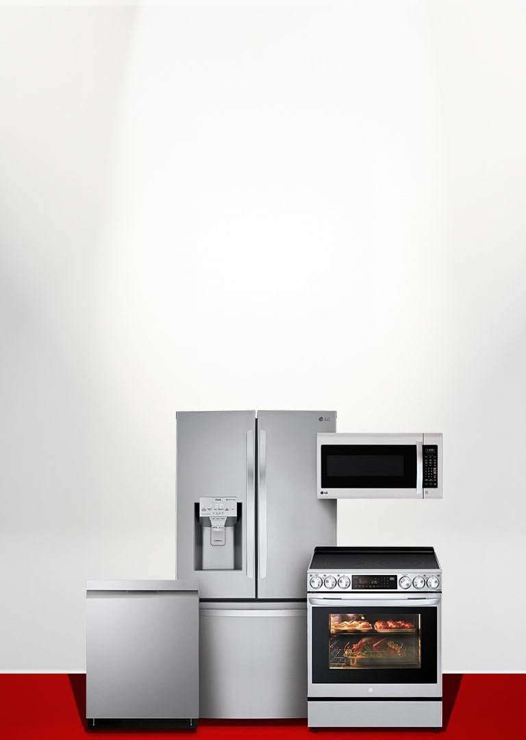 Kitchen Packages appliances on red and white background