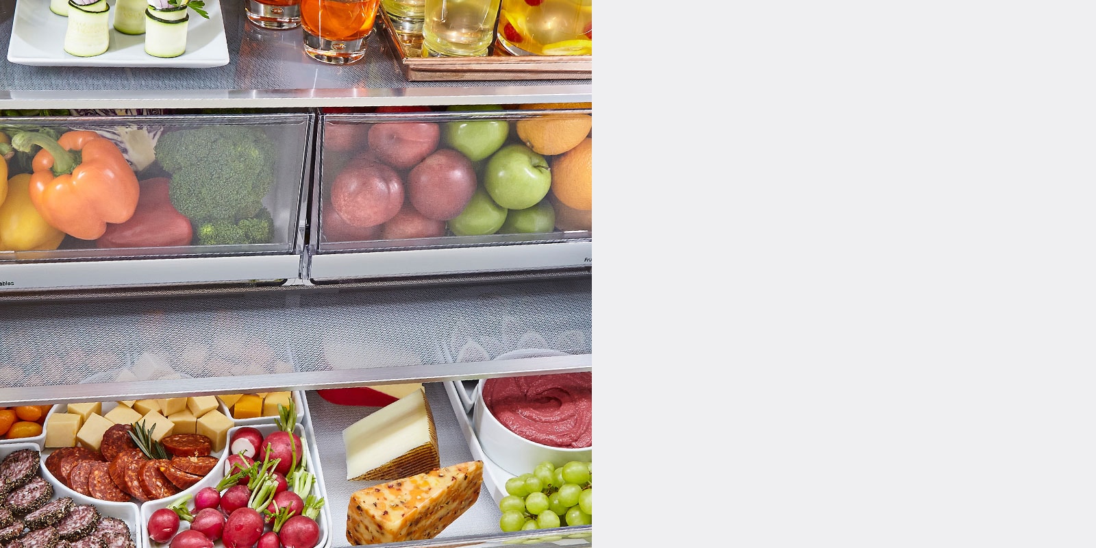 closeup of open refrigerator full of food
