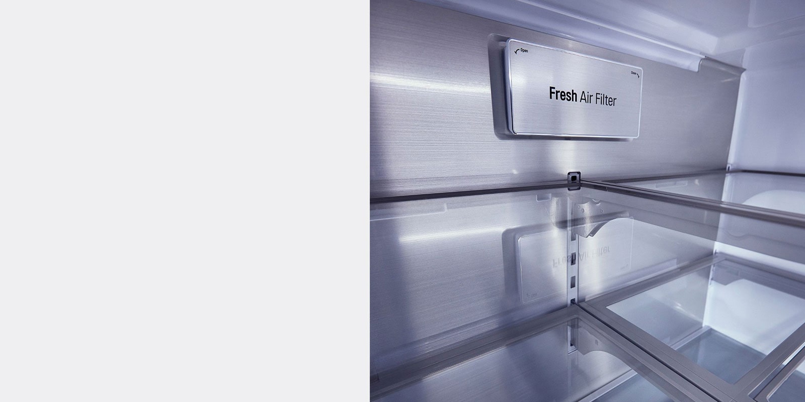 closeup interior of refrigerator, fresh air filter logo
