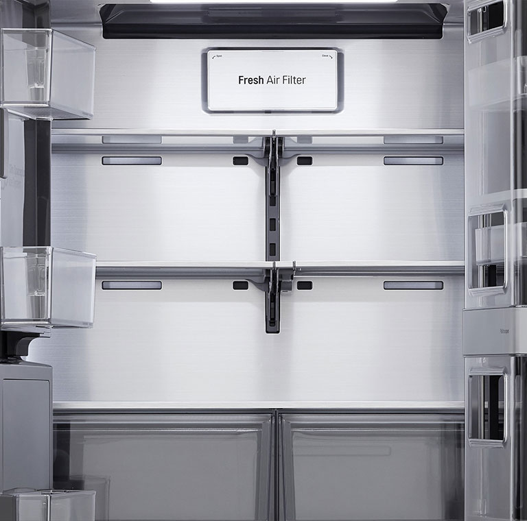 Refrigerator interior showcasing cool guard metal interior panel