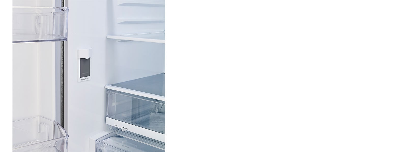 Refrigerator interior showcasing internal water dispenser