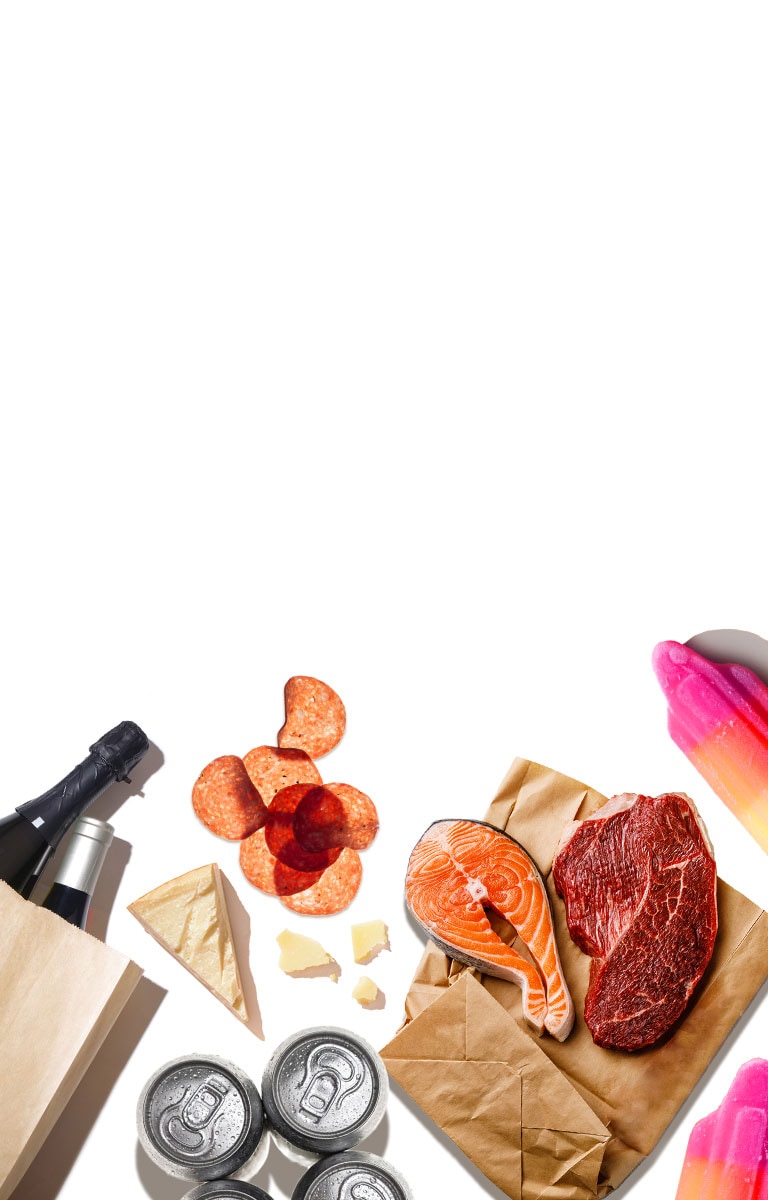 Different foods with inset white circle graphics illustrating food temperatures