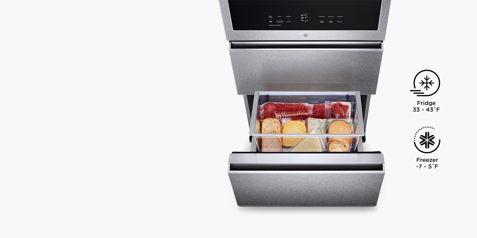 Meat, cheese, and etc. are stored in the drawer of LG SIGNATURE Wine Cellar.