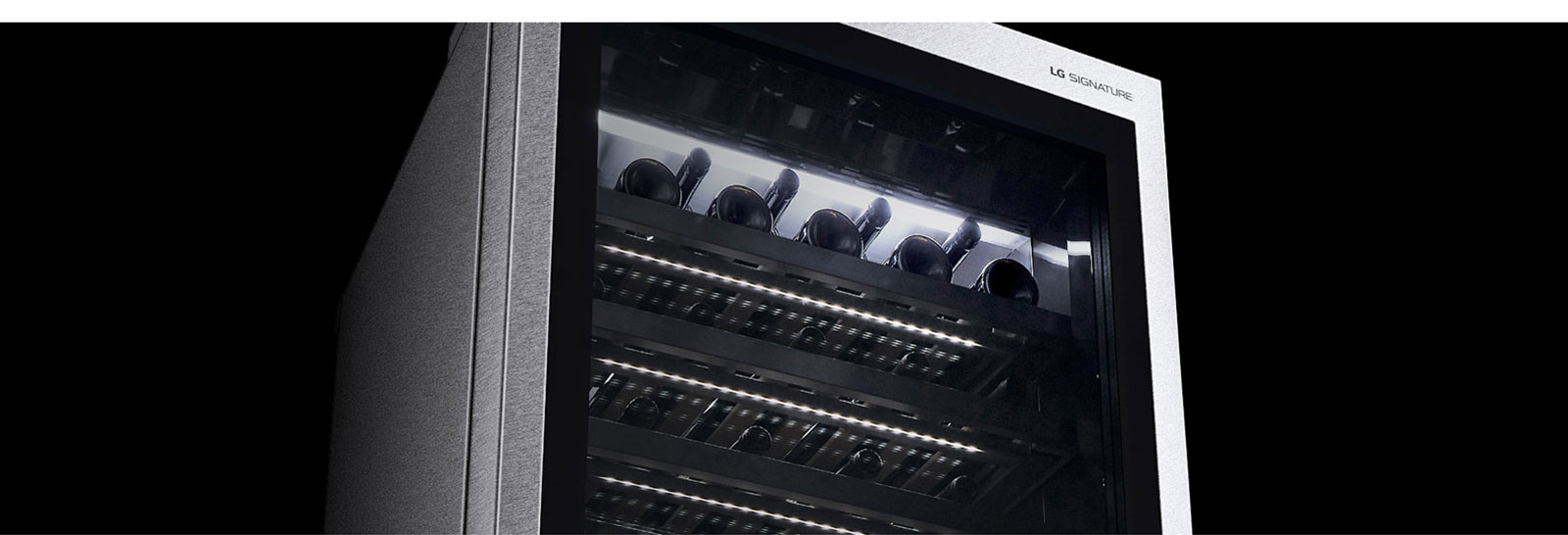 Close shot of LG SIGNATURE Wine Cellar's shelf lighting.