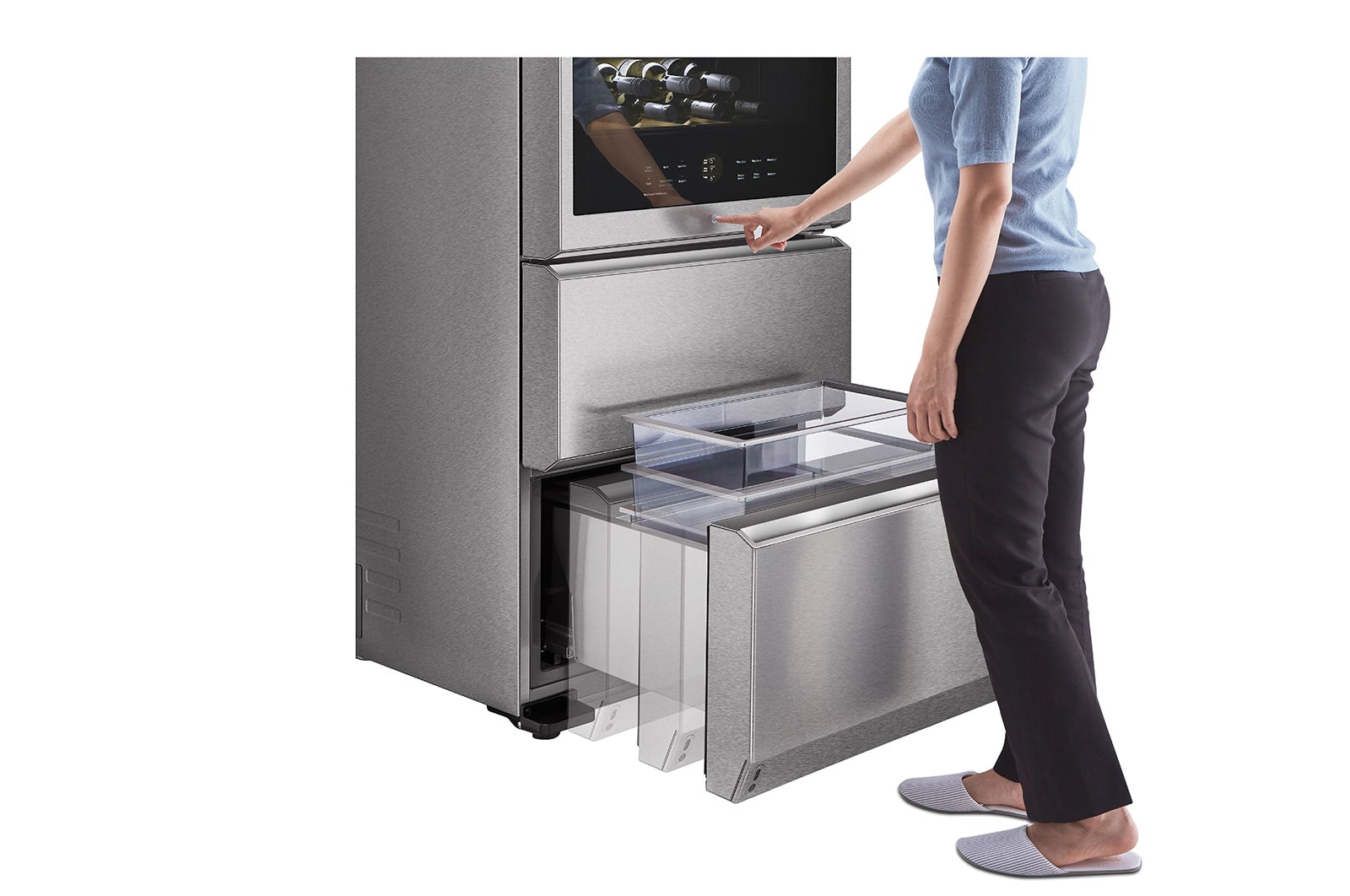 LG SIGNATURE 15 cu. ft. Smart wi-fi Enabled InstaView® Wine Cellar Refrigerator, Talent turning on refrigerator, URETC1408N