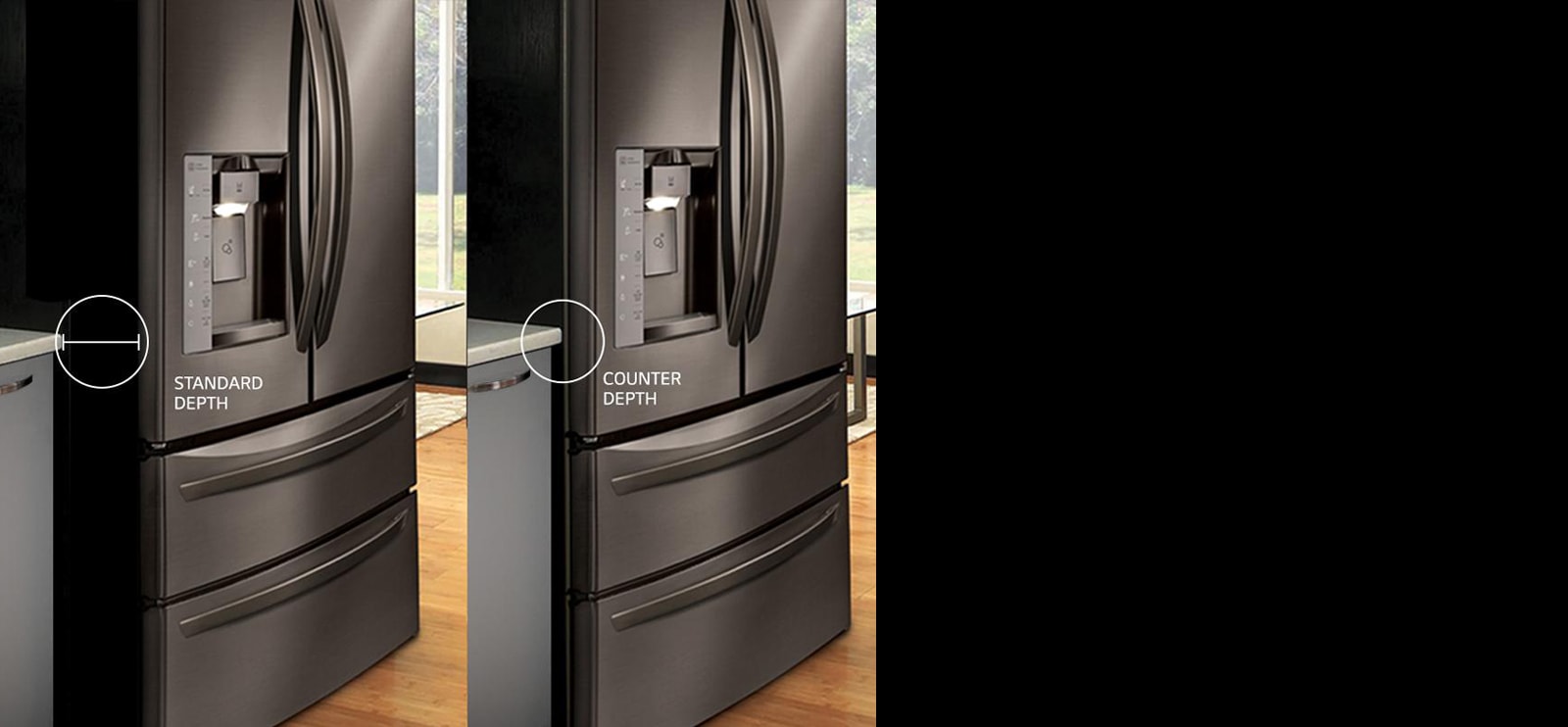 Refrigerator showcasing Counter-depth feature, Standard Depth and Counter-depth