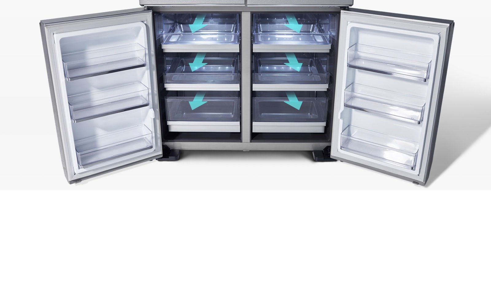 Refrigerator showcasing auto open freezer drawers