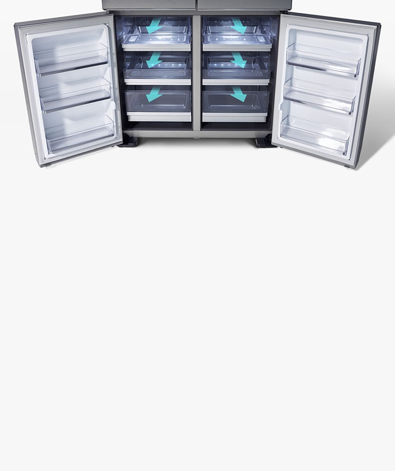 Refrigerator showcasing auto open freezer drawers