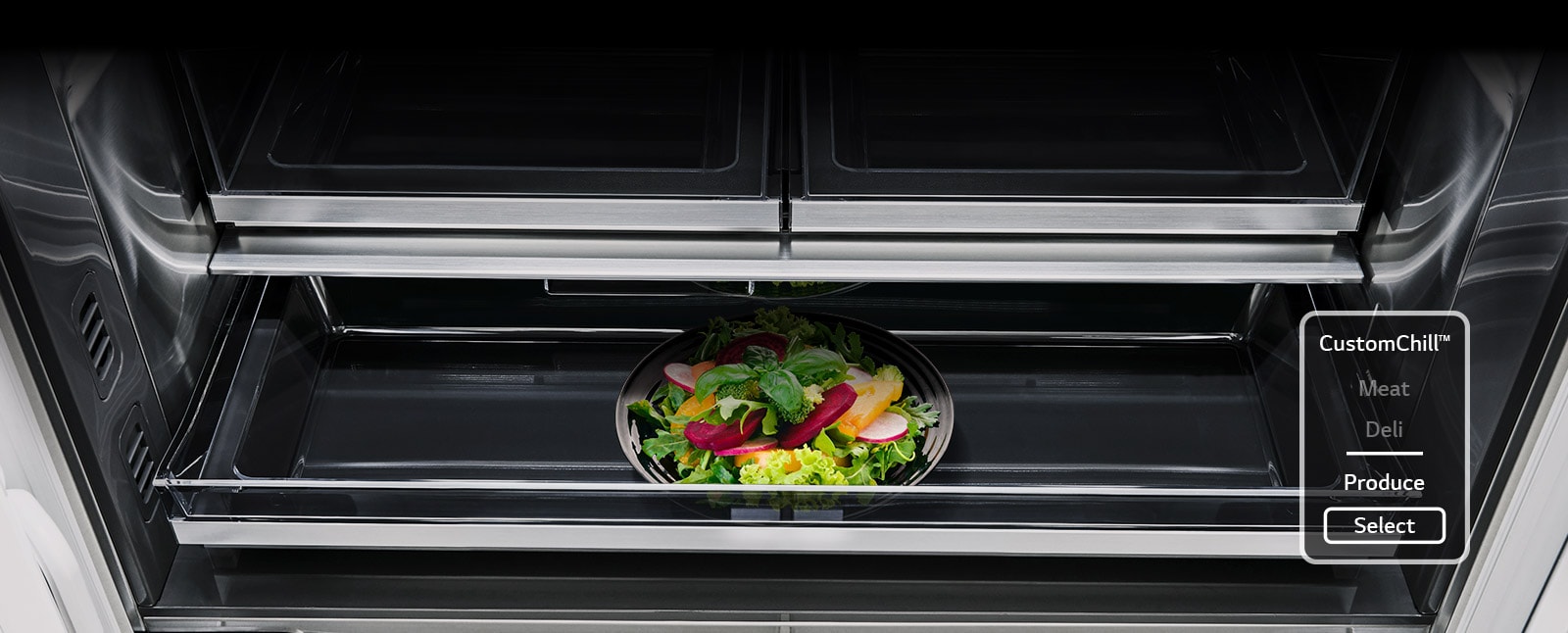 Custom Chill™ Pantry drawer and close up of different produce temperature settings