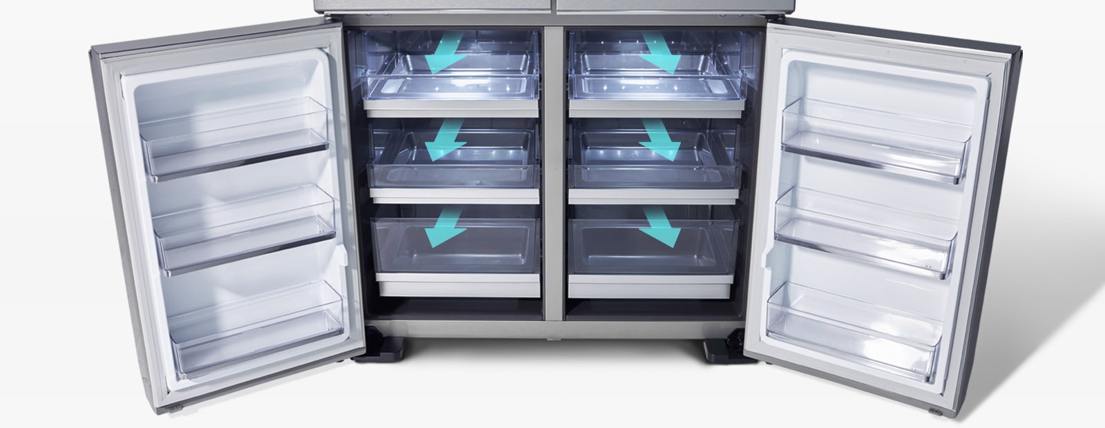 Refrigerator showcasing auto open freezer drawers